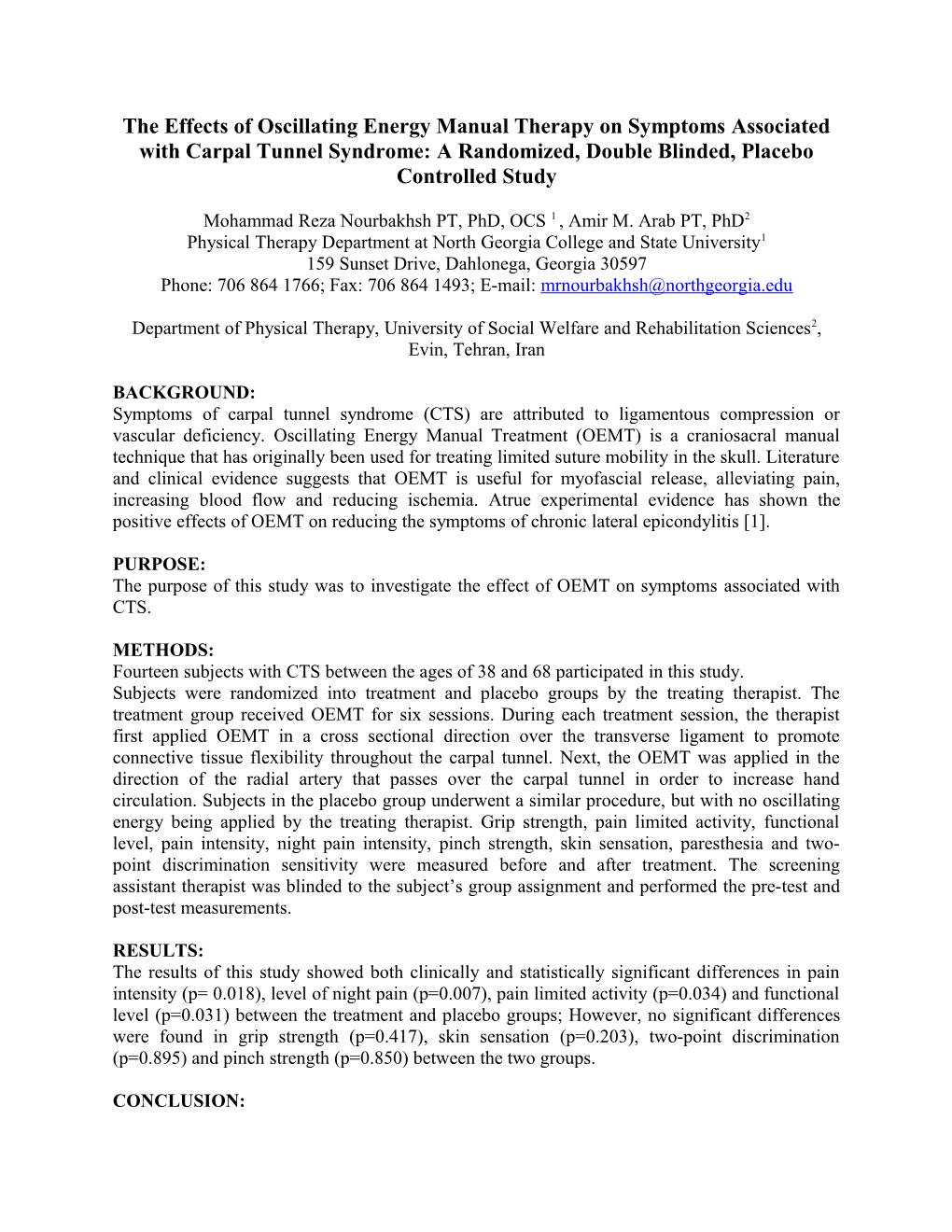 The Effects of Oscillating Energy Manual Therapy on Symptoms Associated with Carpal Tunnel