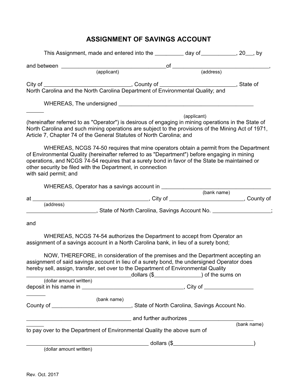 Assignment of Savings Account