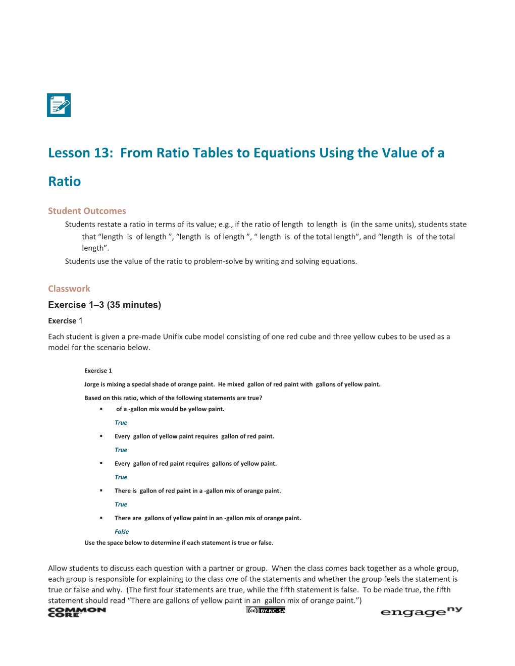 Lesson 13: from Ratio Tables to Equations Using the Value of a Ratio