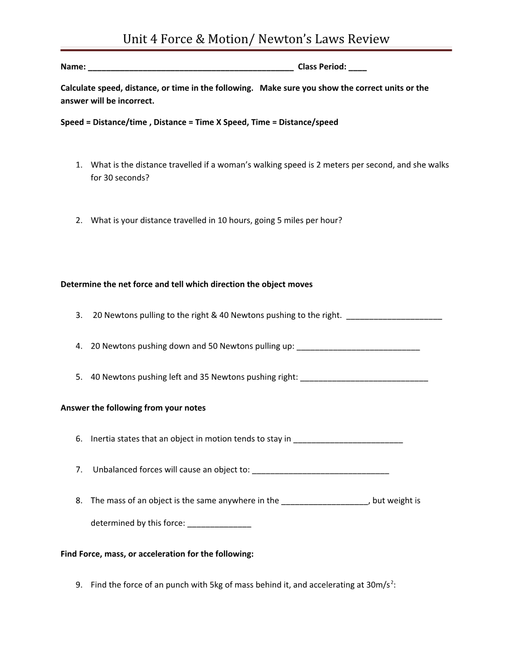 Unit 4 Force & Motion/ Newton S Laws Review