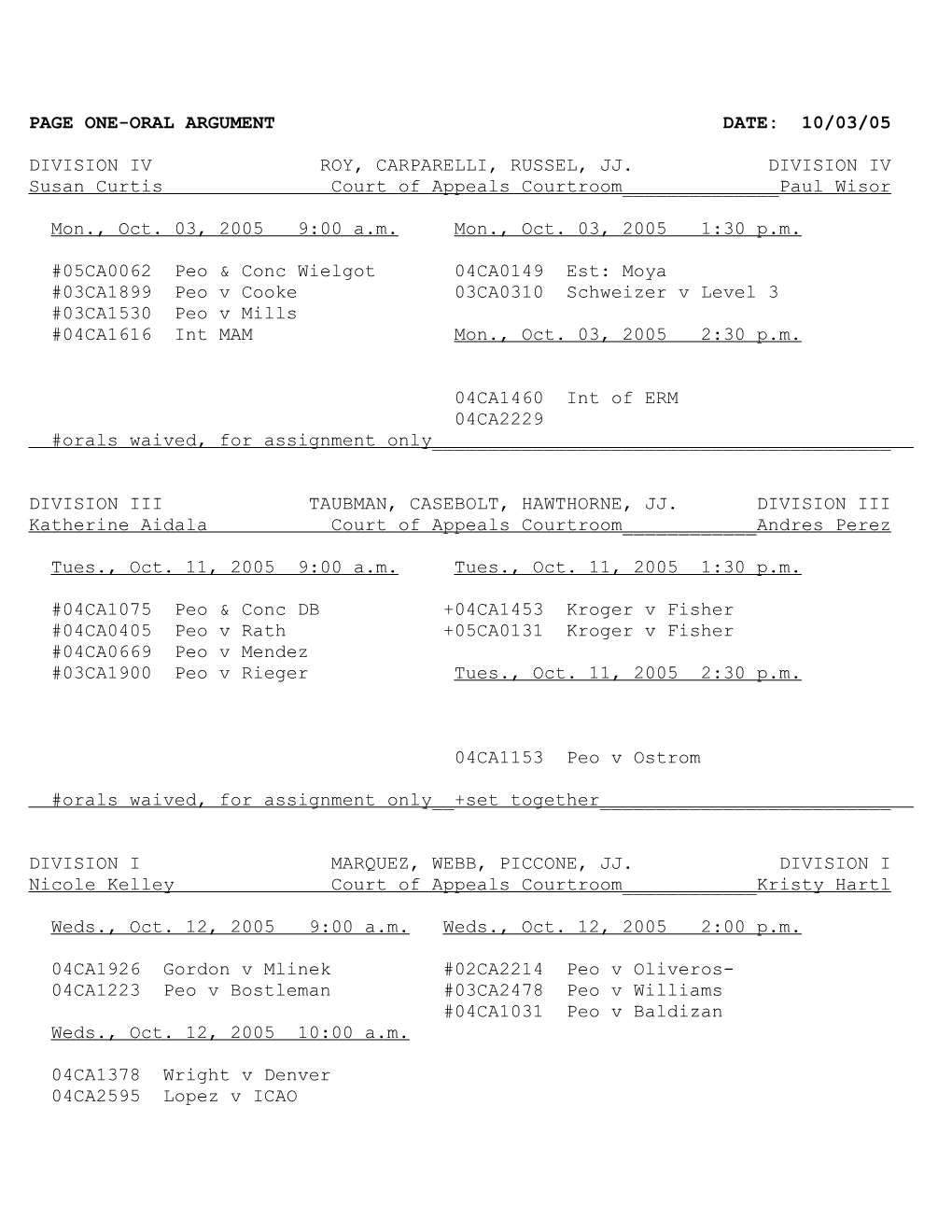 Page One-Oral Argument Date: 10/03/05