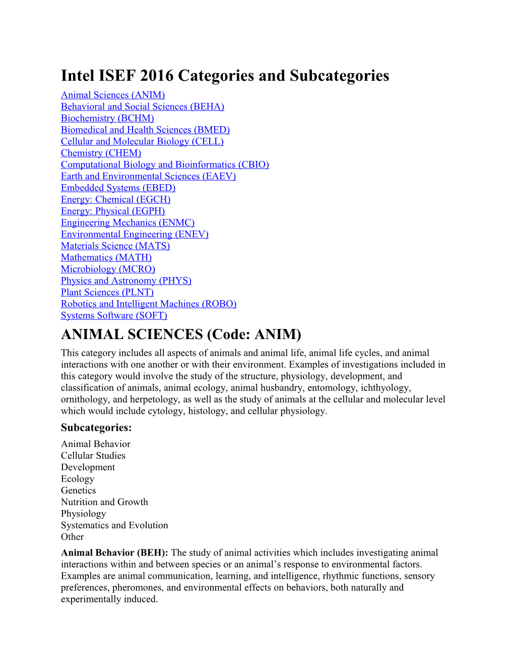 Intel ISEF 2016 Categories and Subcategories