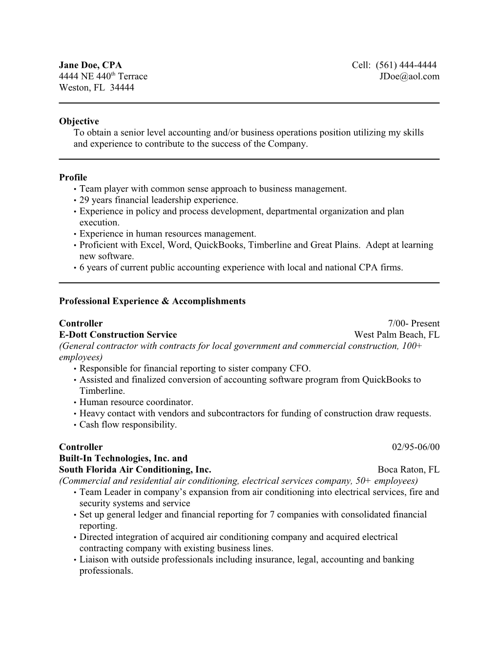 Sample CFO Resume