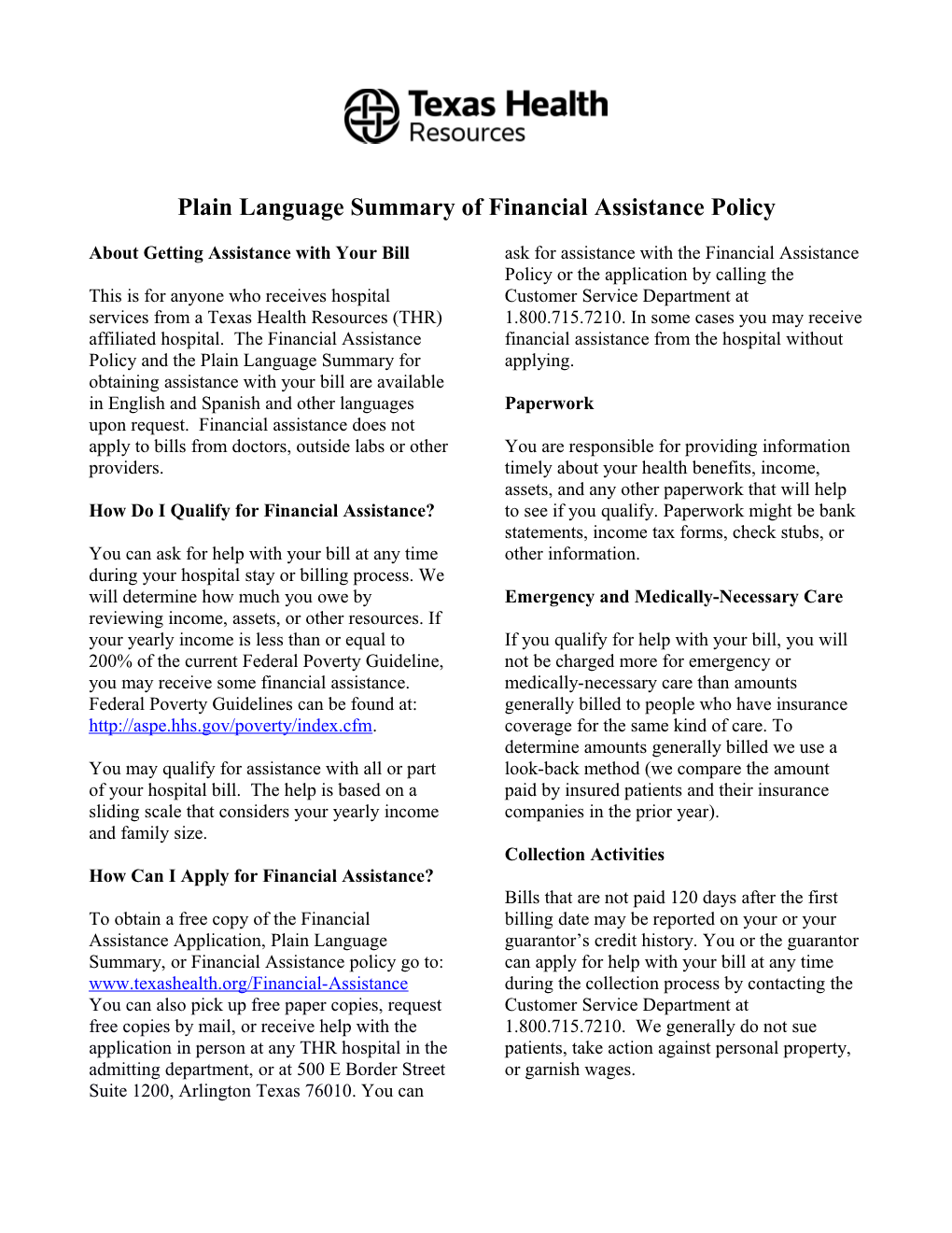 Plain Language Summary of Financial Assistance Policy