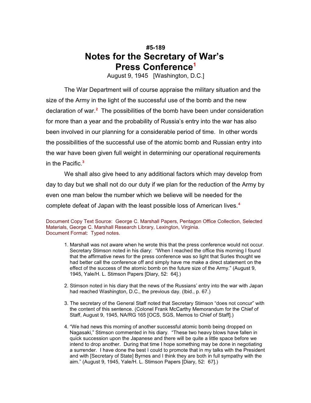 Notes for the Secretary of War S