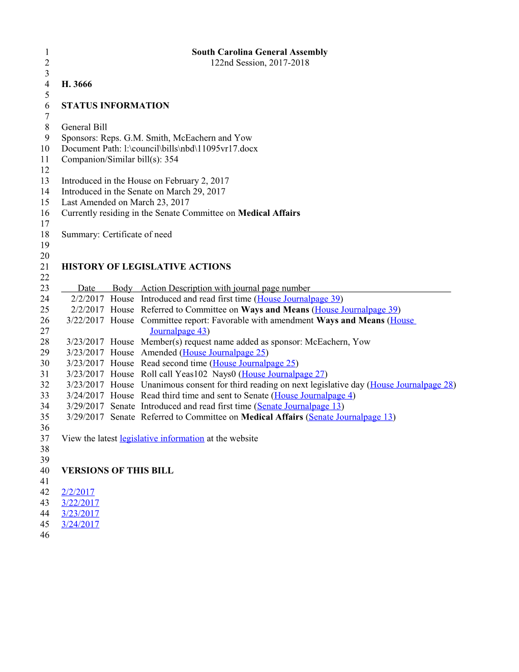 2017-2018 Bill 3666: Certificate of Need - South Carolina Legislature Online