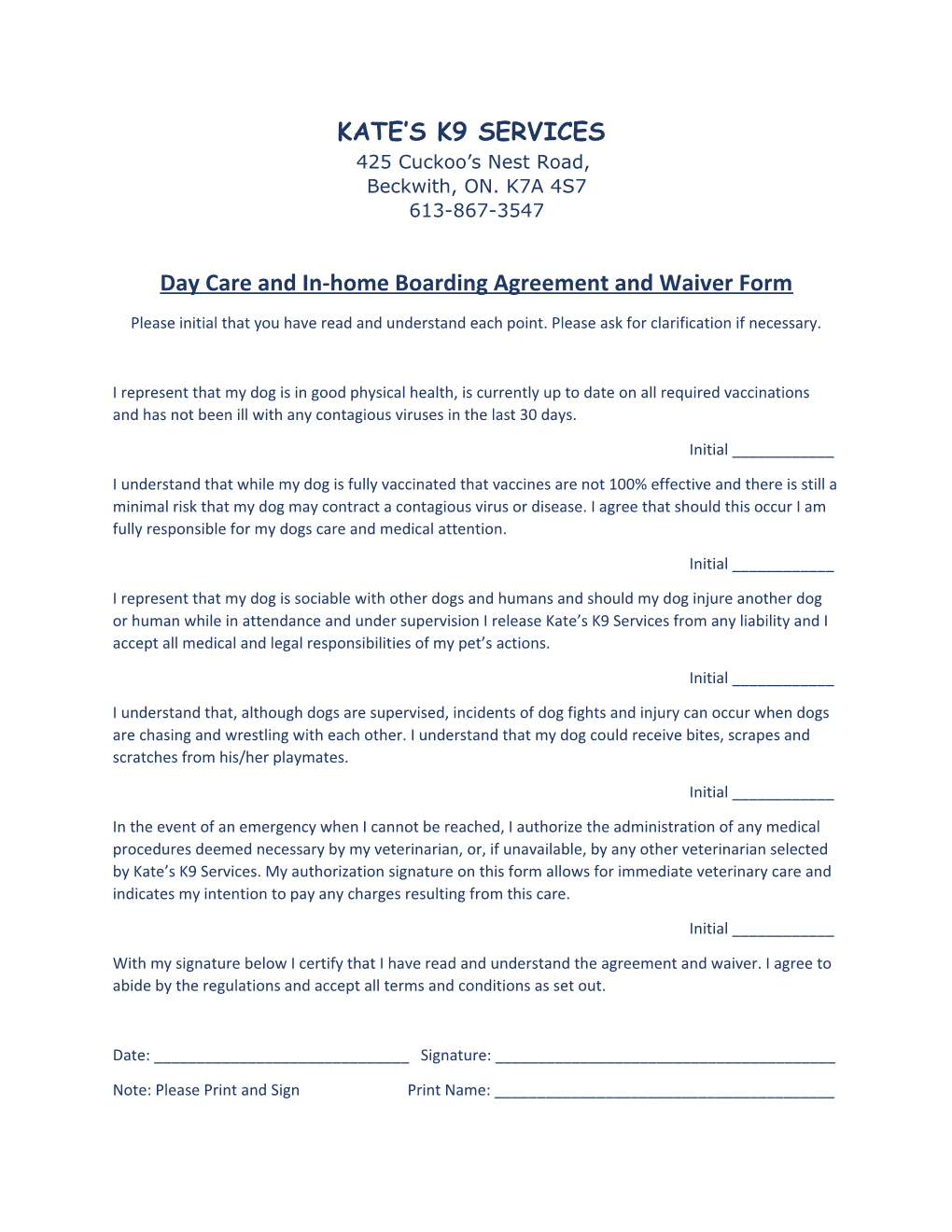 Day Care and In-Home Boarding Agreement and Waiver Form