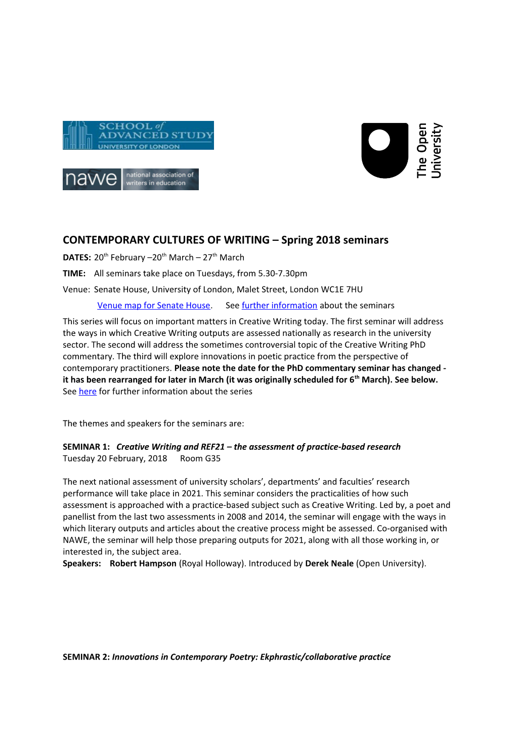 CONTEMPORARY CULTURES of WRITING Spring 2018 Seminars