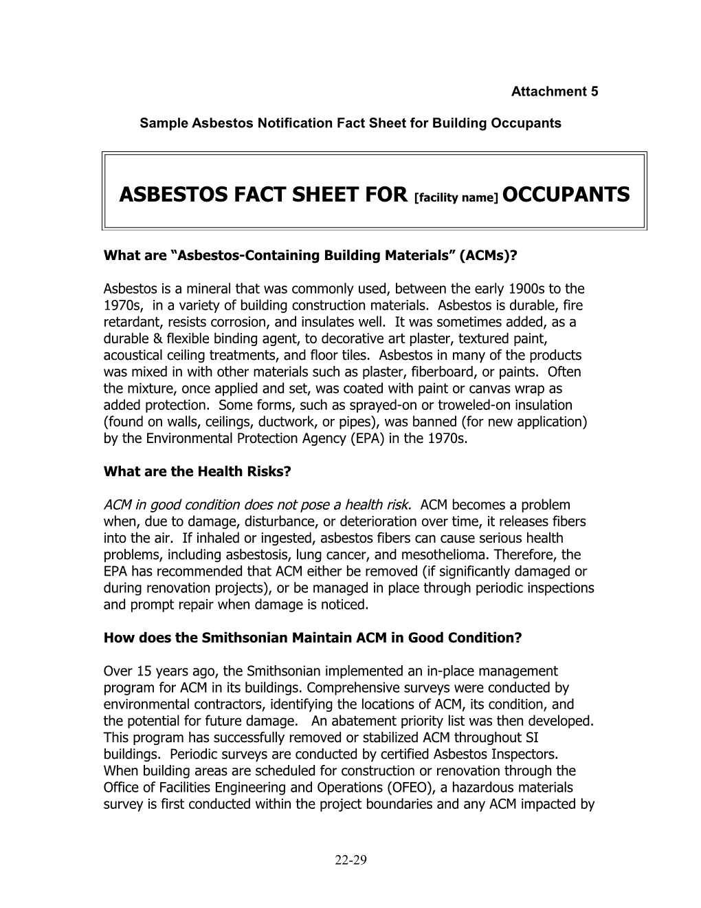 Sample Asbestos Notification Fact Sheet for Building Occupants