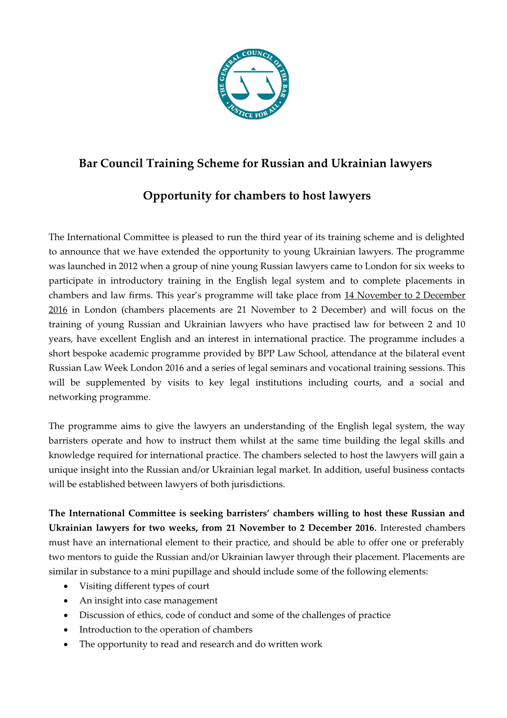 Bar Council Training Scheme for Russian and Ukrainian Lawyers