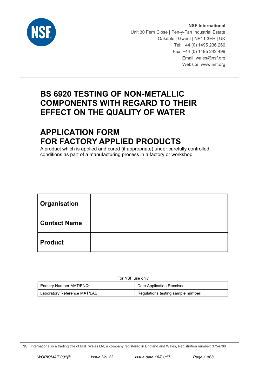 WORK/MAT001 Application Form Issue 8