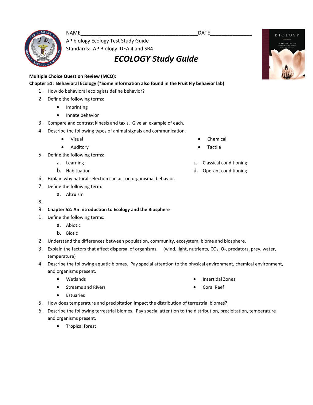 AP Biology Ecology Test Study Guide