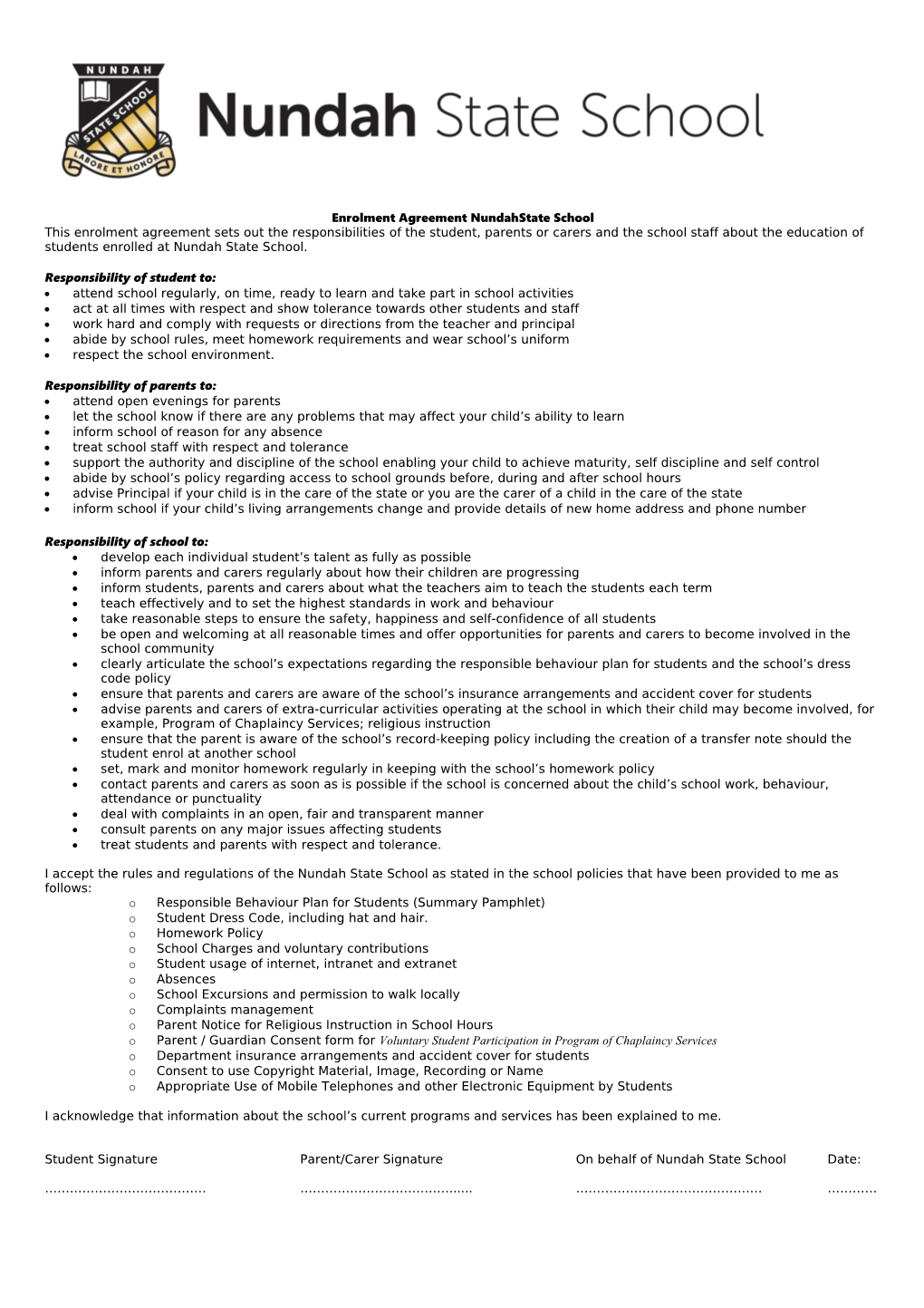 Enrolment Agreement Nundahstate School