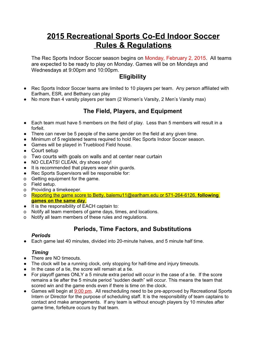 2015 Recreational Indoor Soccer Rules & Regulations