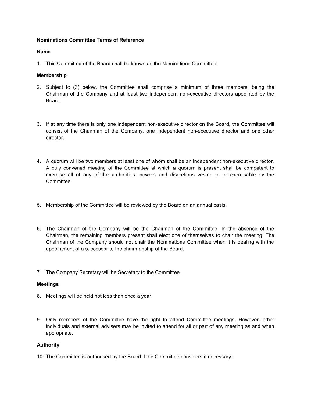 Nominations Committee Terms of Reference