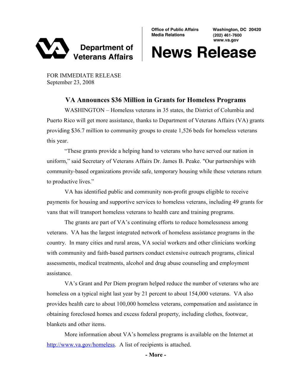VA Announces $36 Million in Grants for Homeless Programs