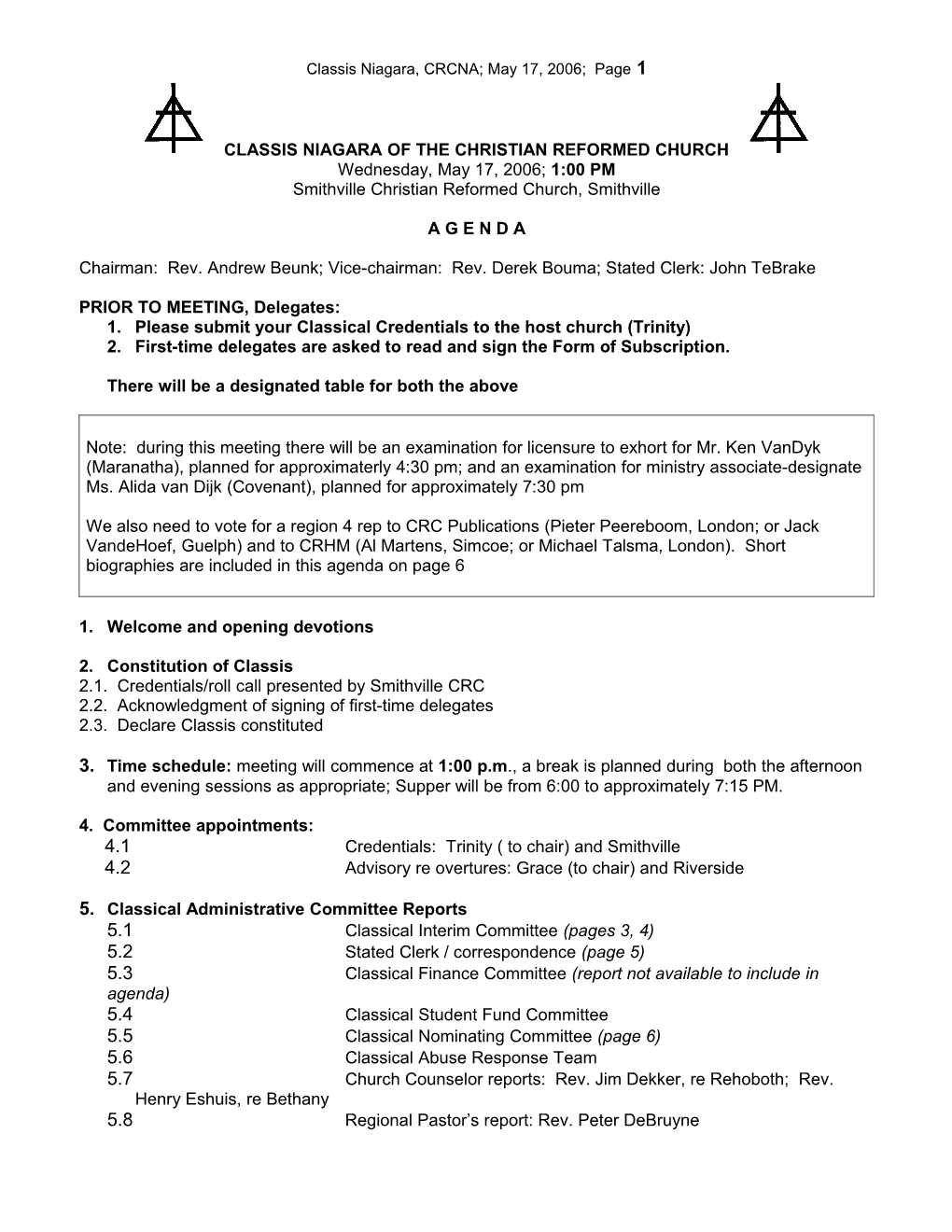 Classis Niagara, CRCNA; May 17, 2006; Page1