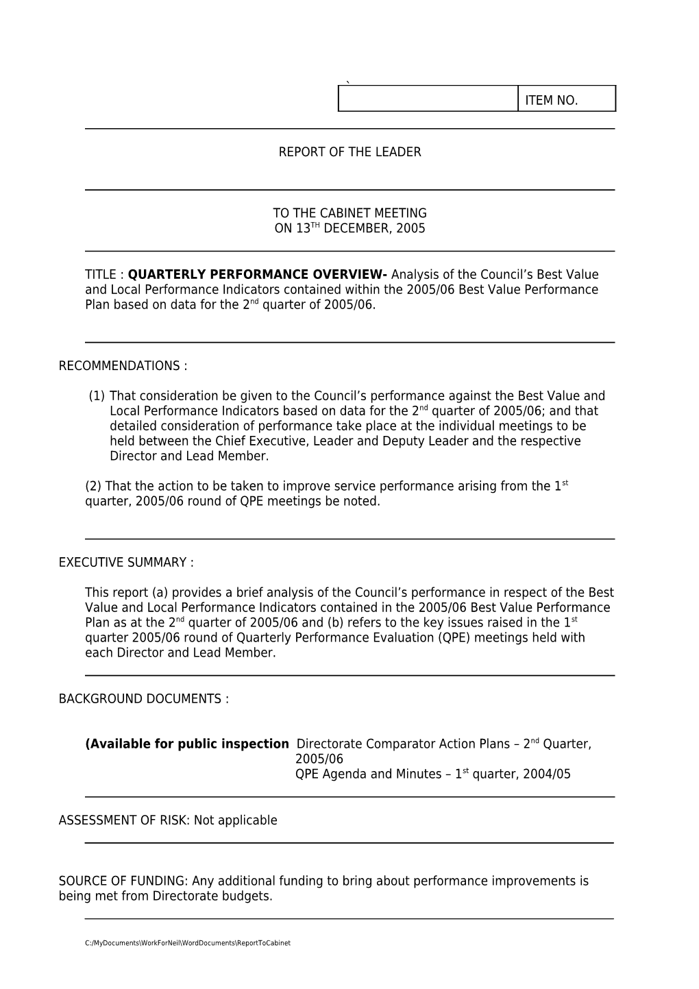 Report of the Director of Personnel and Performance