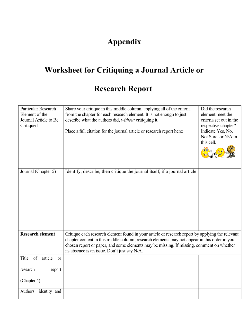 Worksheet for Critiquing a Journal Article Or Research Report