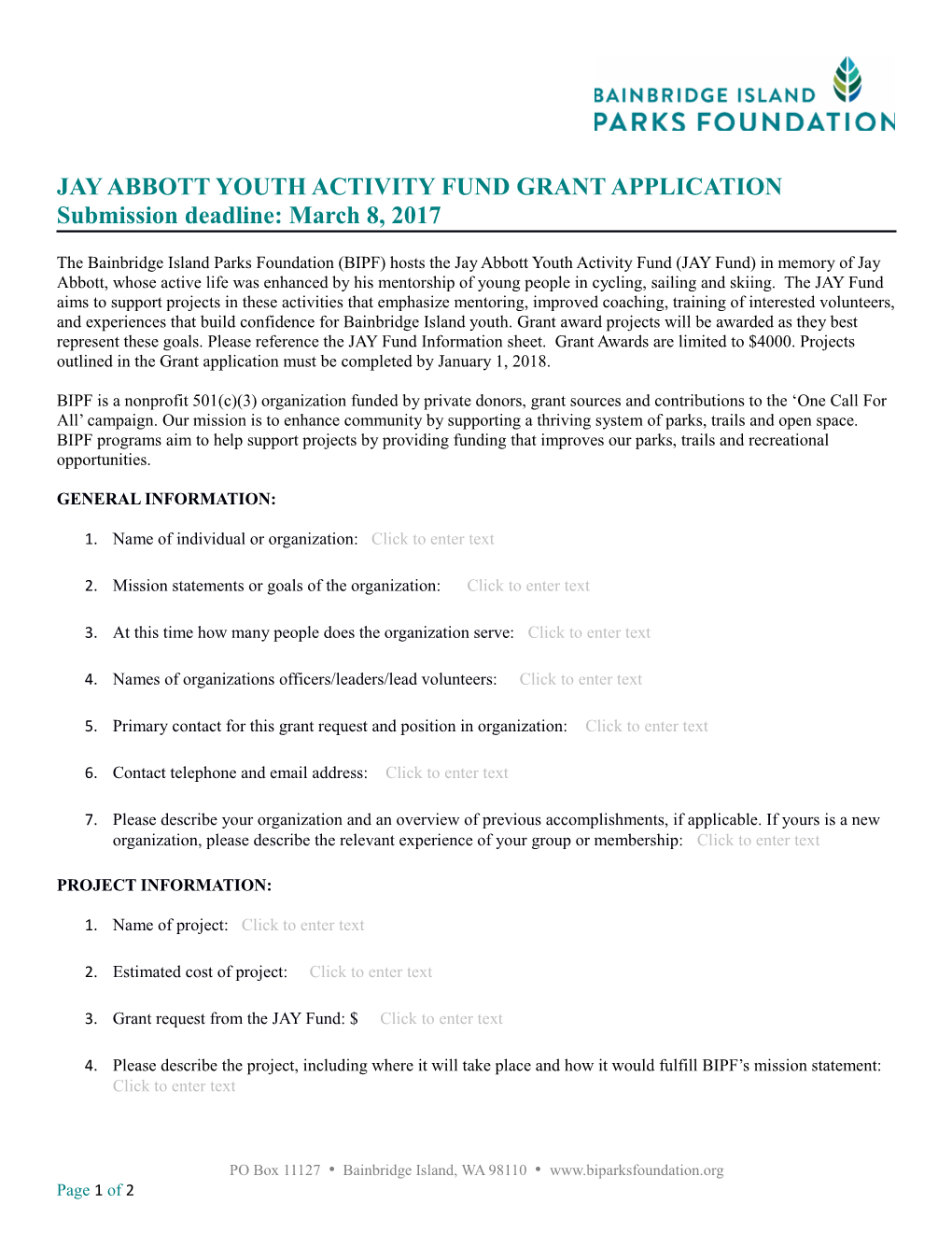 Jay Abbott Youth Activity Fund Grant Application