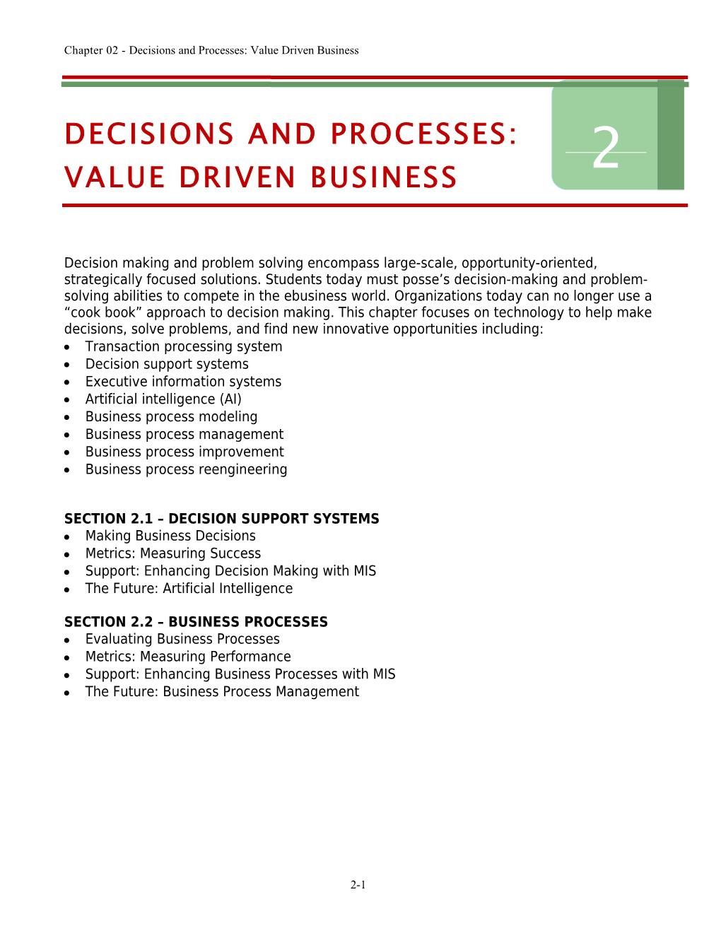 Decisions and Processes Value Driven Business