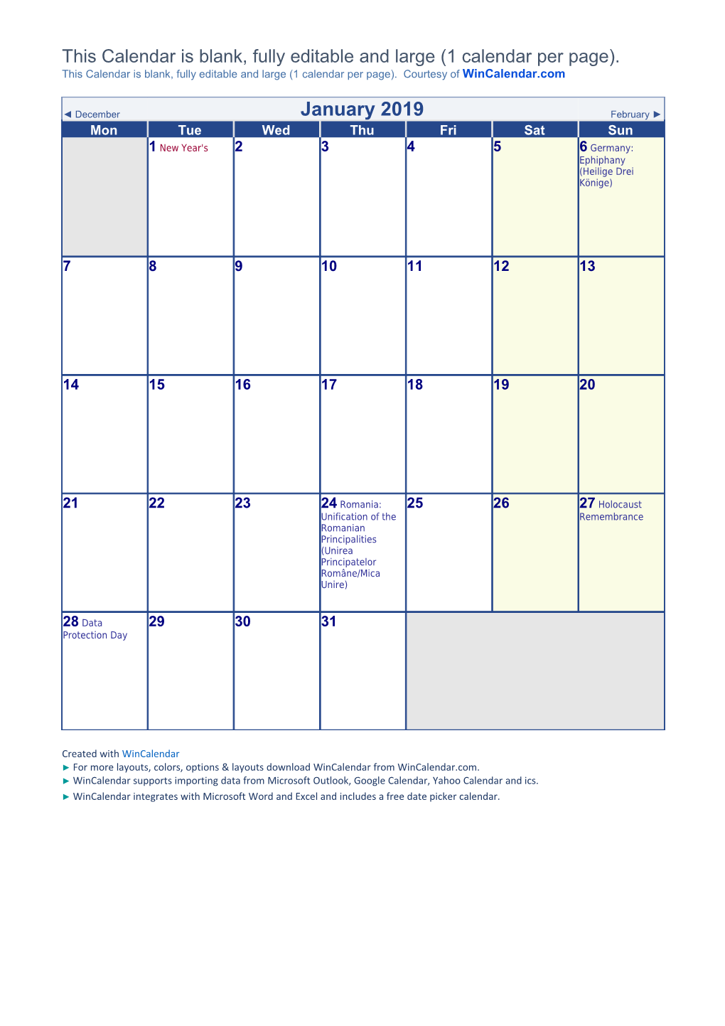 June 2019 EU Calendar with Holidays