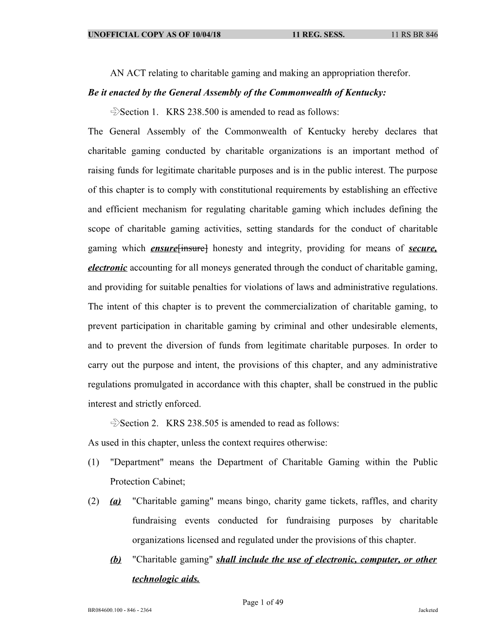 AN ACT Relating to Charitable Gaming and Making an Appropriation Therefor