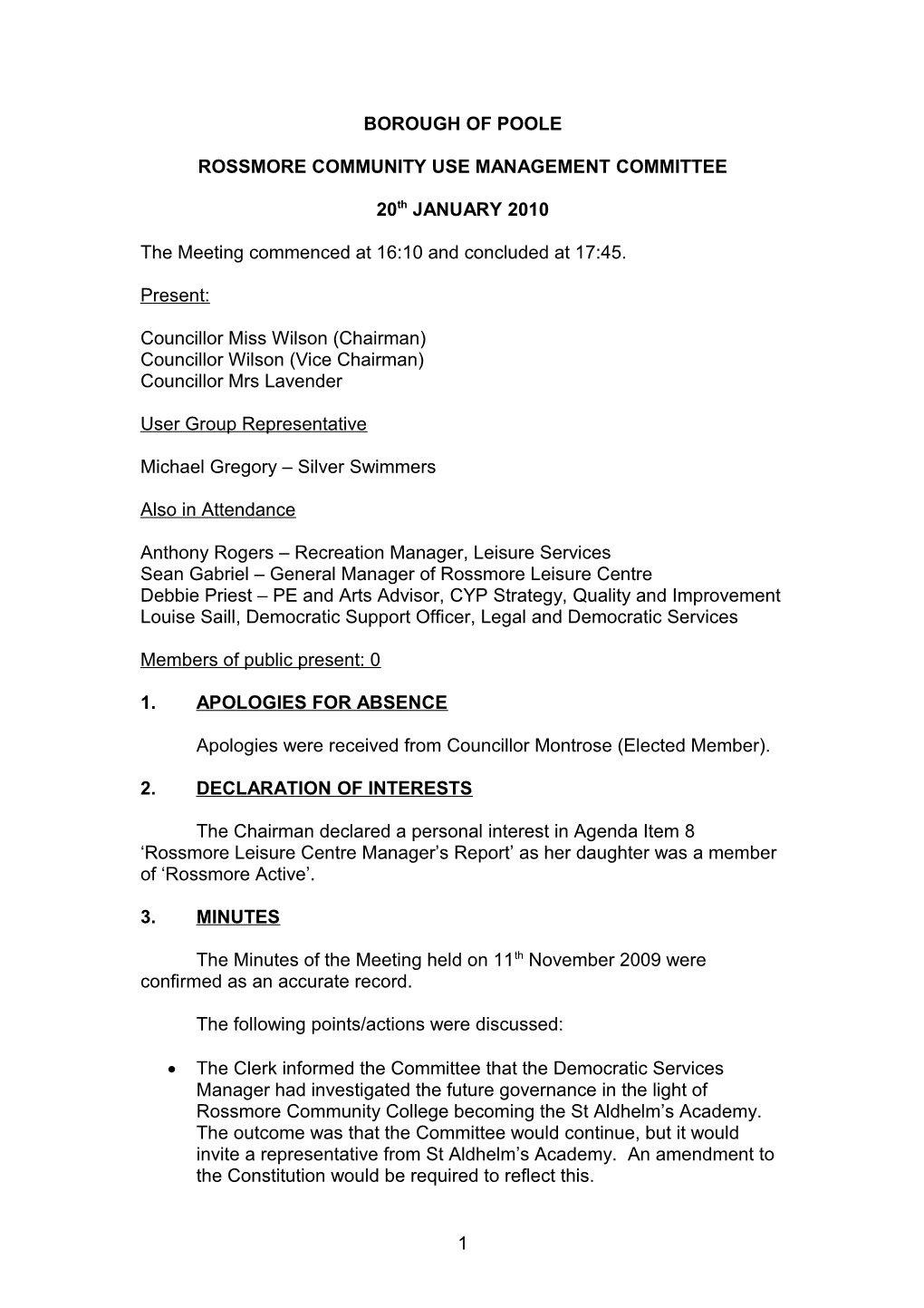 Minutes - Rossmore Community Use Management Committee - 20 January 2010