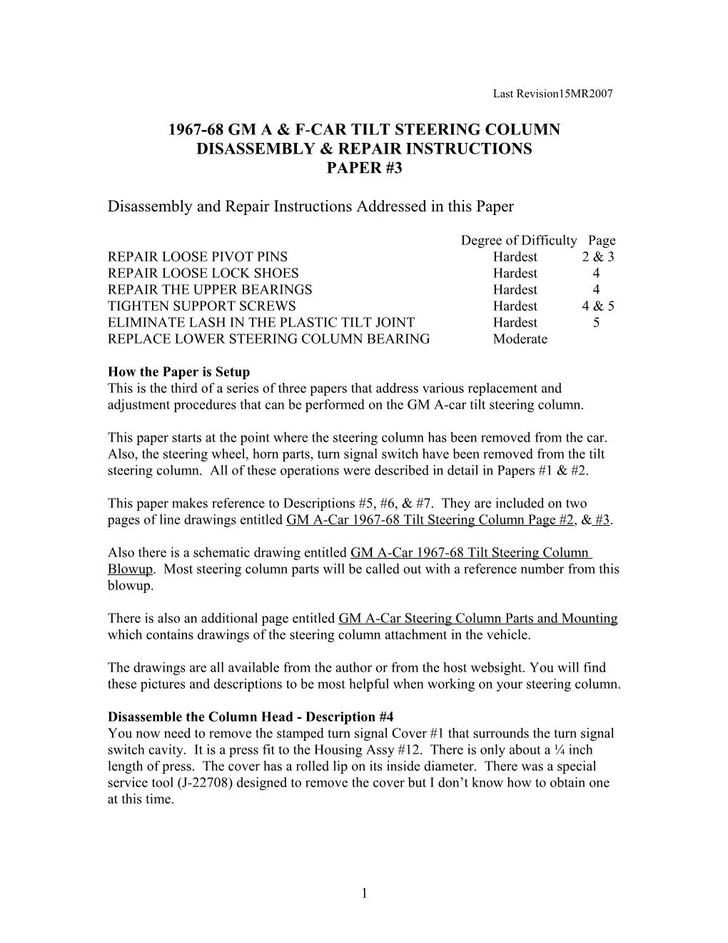 1967-68 Gm a & F-Car Tilt Steering Column Disassembly & Repair Instructions