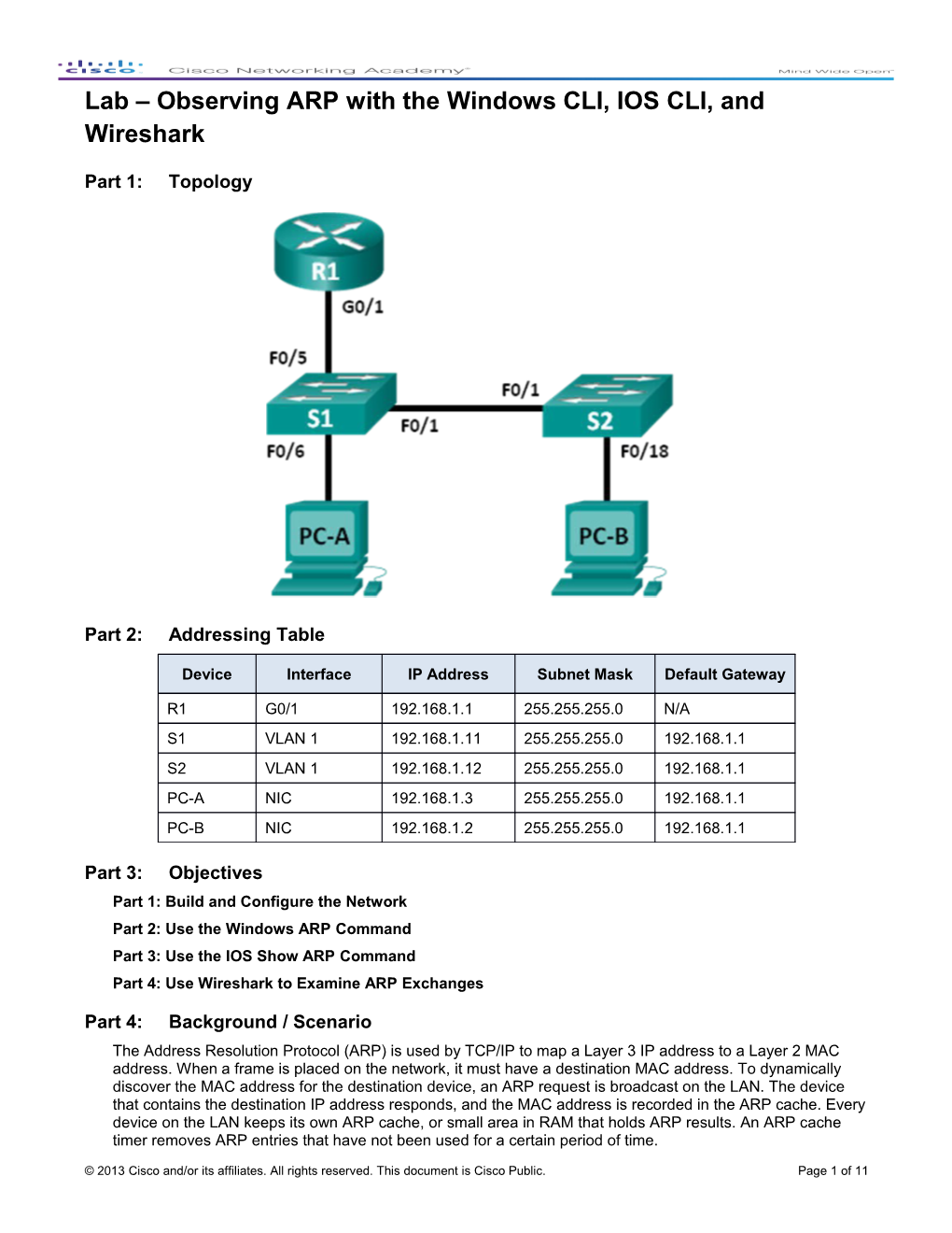 Lab Observing ARP with the Windows CLI, IOS CLI and Wireshark