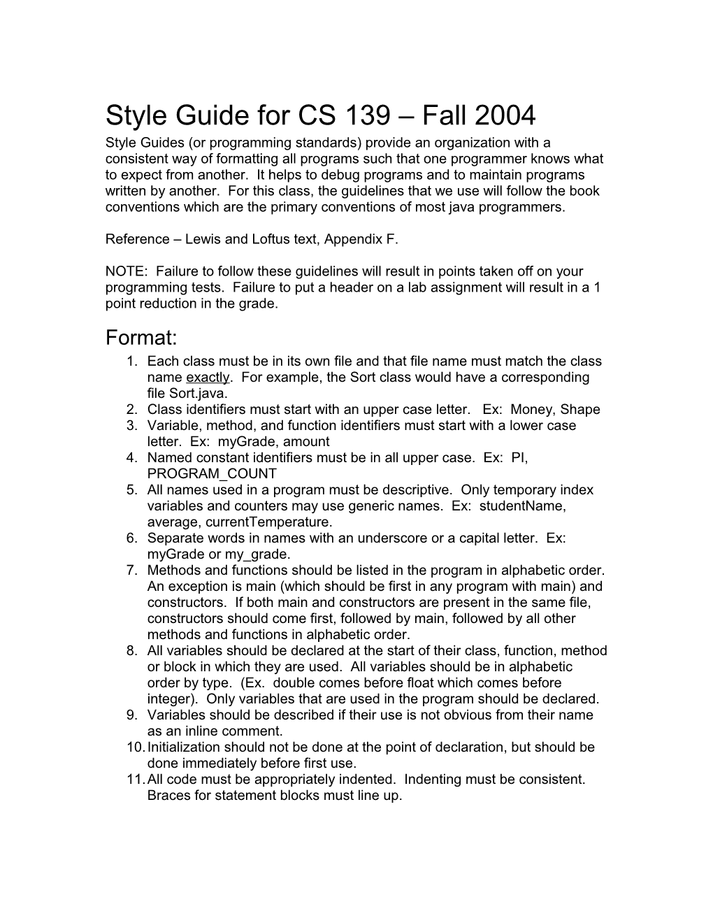 Style Guide for CS 139 Spring 2002