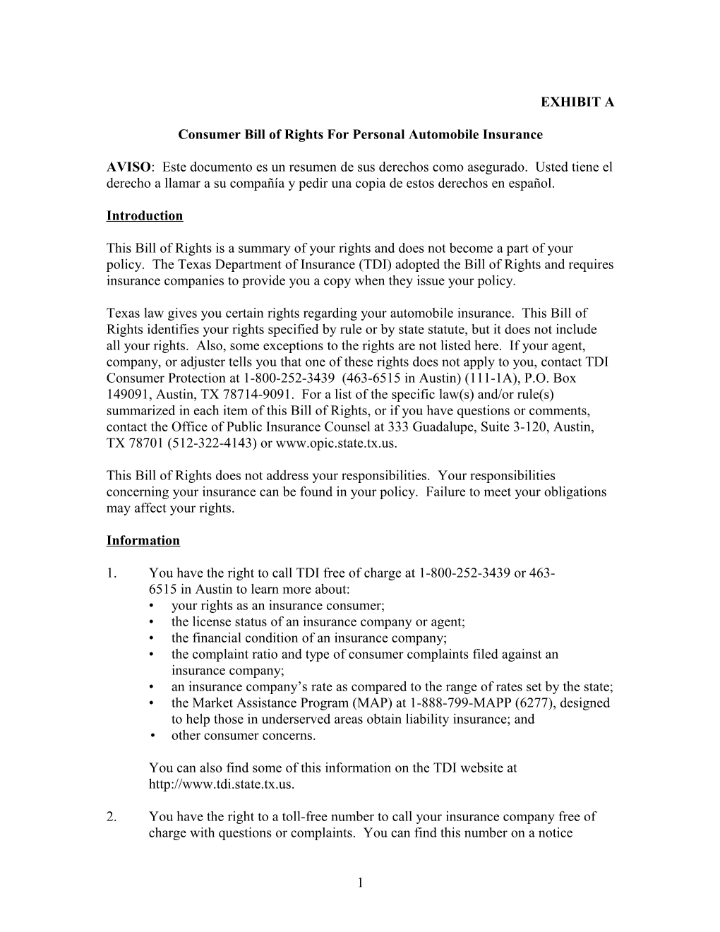 Consumer Bill of Rights for Personal Automobile Insurance