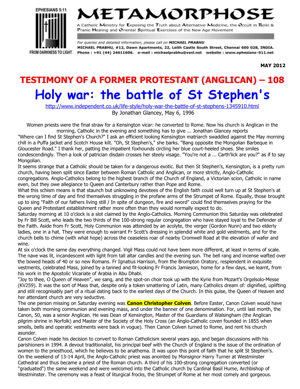 Testimony of a Former Protestant (Anglican) 108