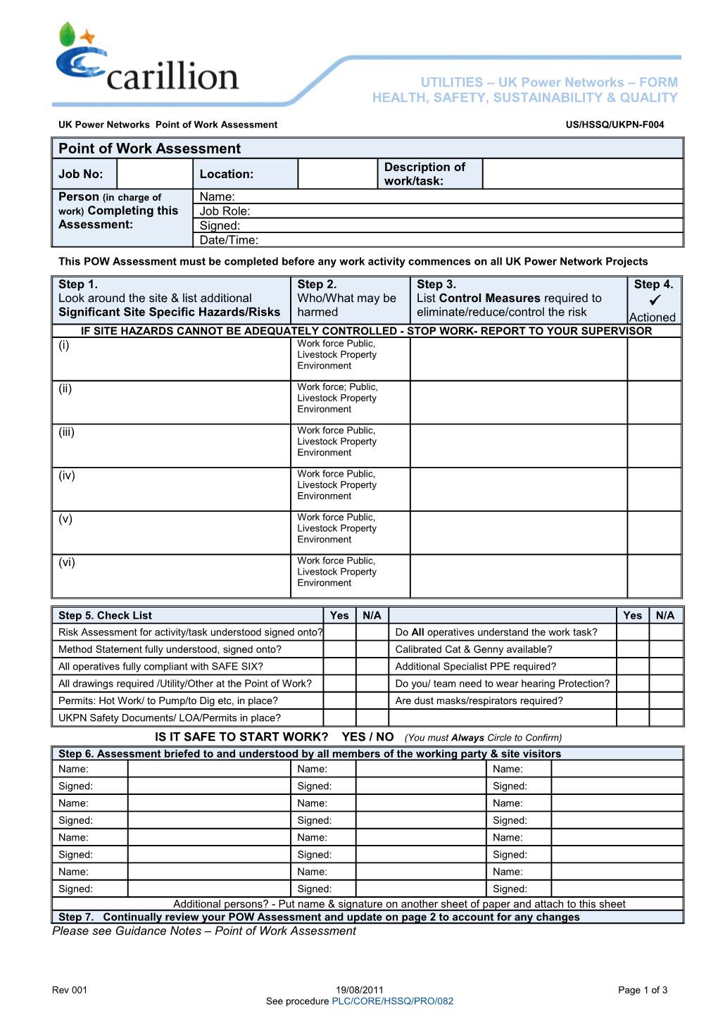 Point of Work Assessment