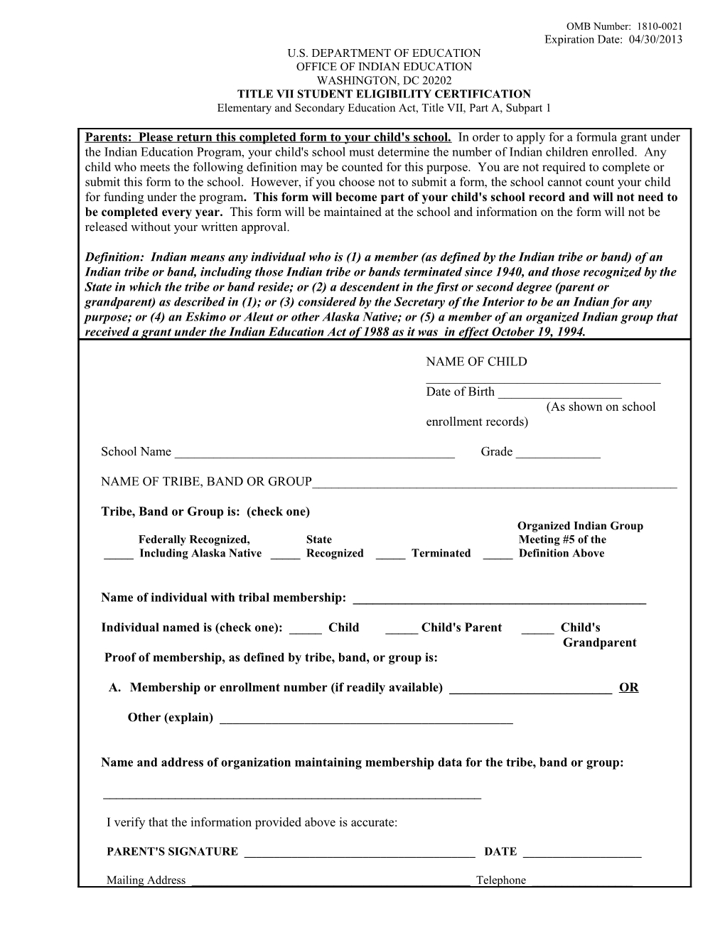 Indian Education Title VII Student Eligibility Certification (MS WORD)