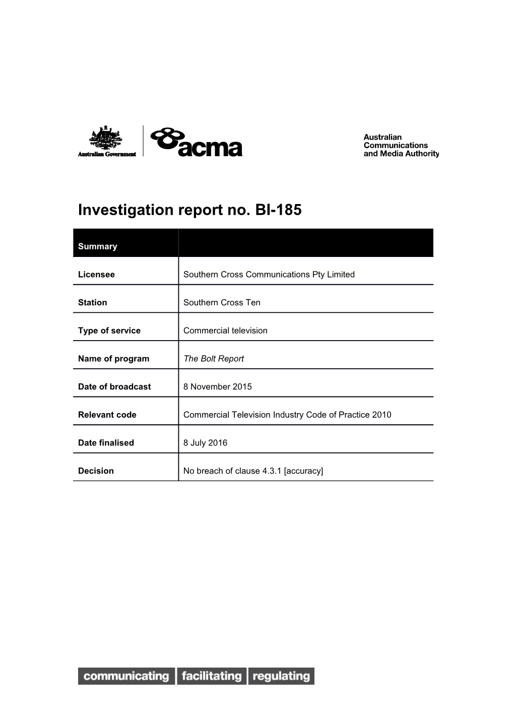Investigation Report No. BI-185