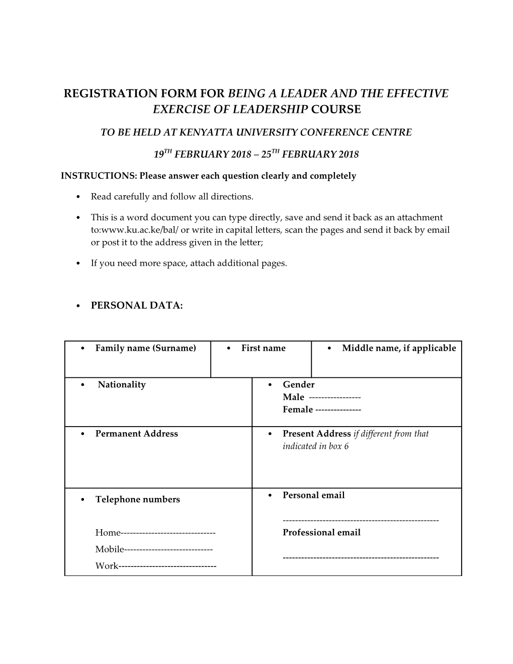 Registration Form for Being a Leader and the Effective Exercise of Leadership Course