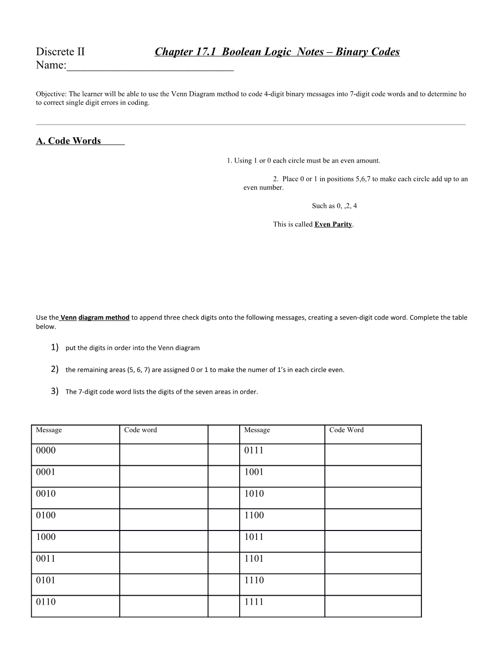 Discrete II Chapter 17.1 Boolean Logic Notes Binary Codes