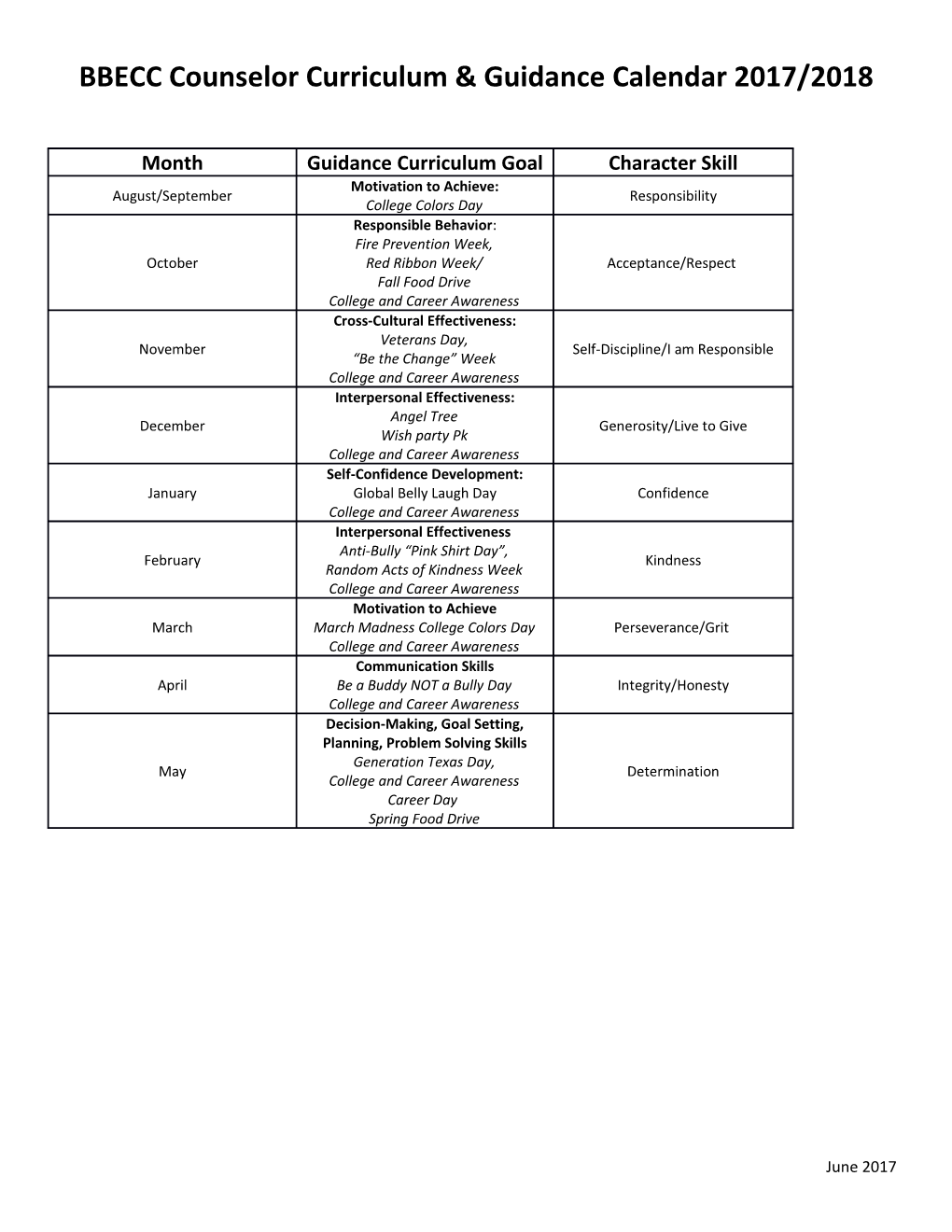 BBECC Counselor Curriculum & Guidance Calendar 2017/2018