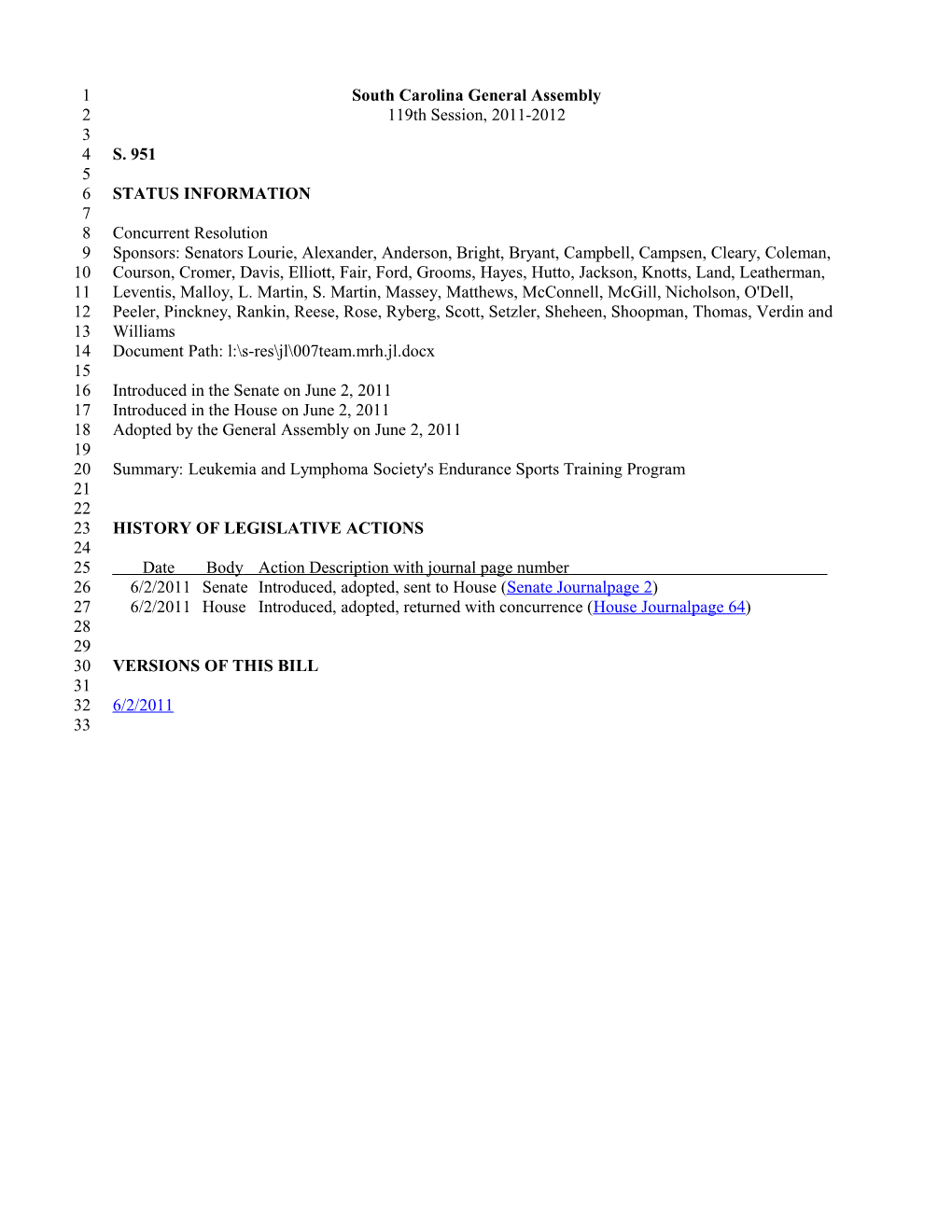 2011-2012 Bill 951: Leukemia and Lymphoma Society's Endurance Sports Training Program