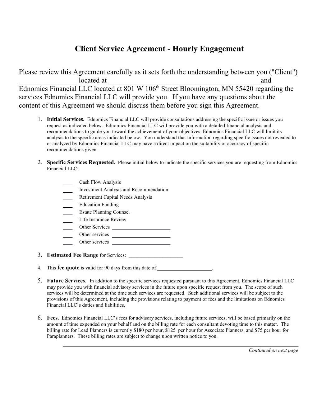 Client Service Agreement - Hourly Engagement