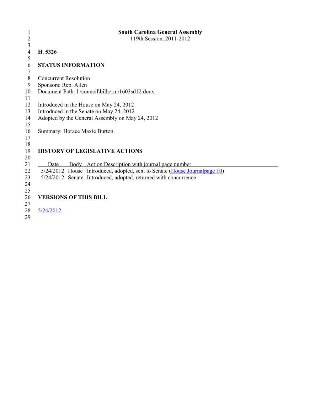 2011-2012 Bill 5326: Horace Maxie Burton - South Carolina Legislature Online