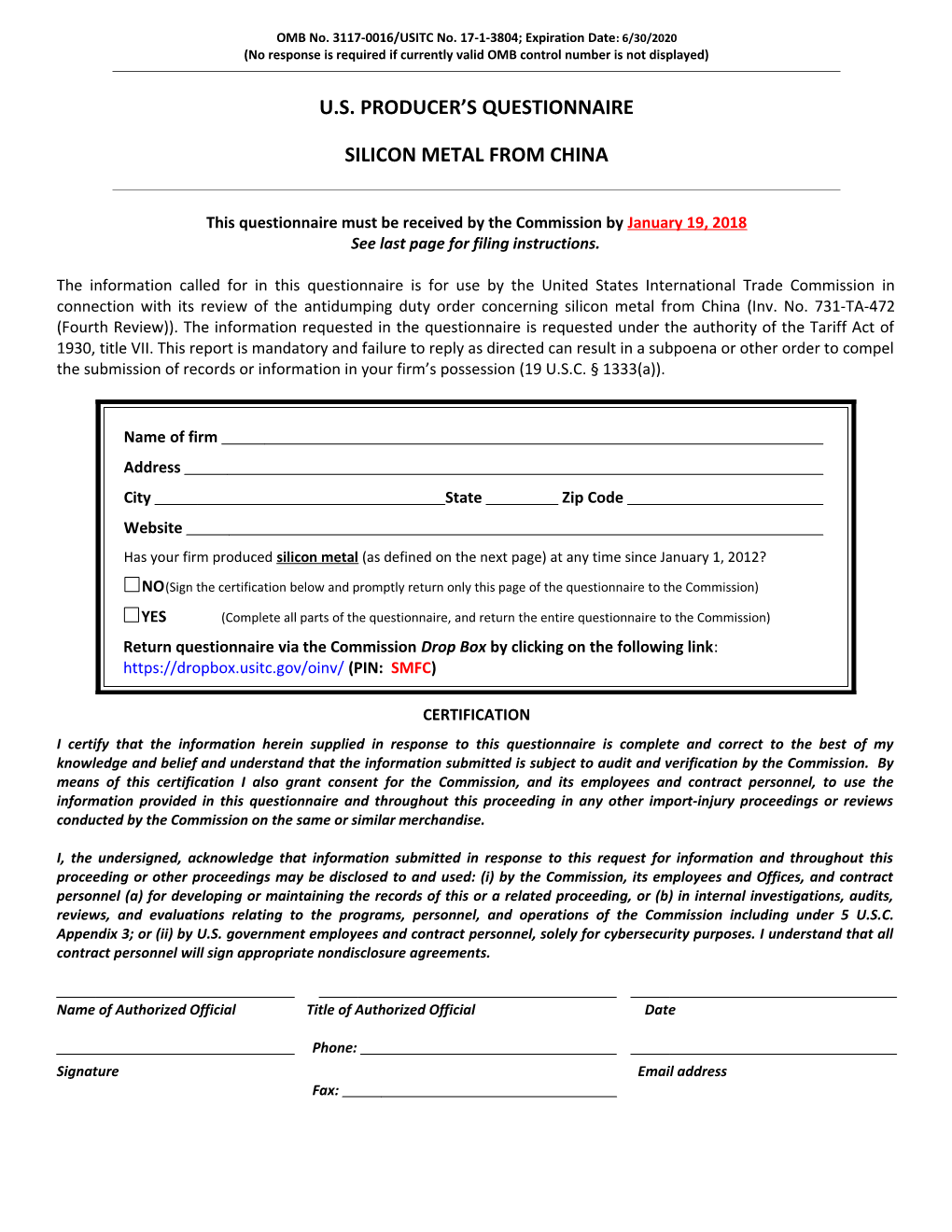 OMB No. 3117-0016/USITC No. 17-1-3804; Expiration Date: 6/30/2020