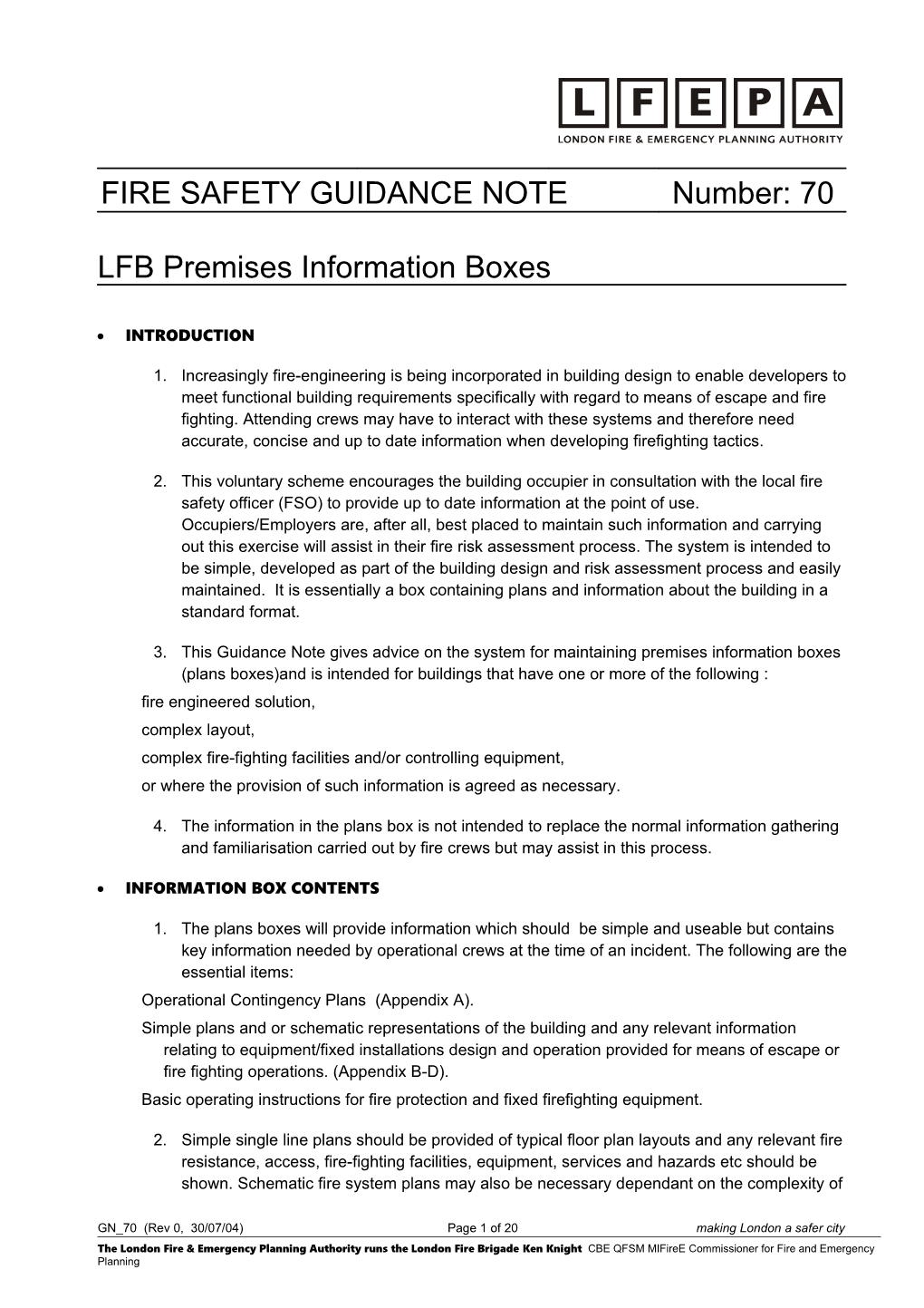 Fire Safety Guidance Note No. 70, LFB Premises Information Boxes