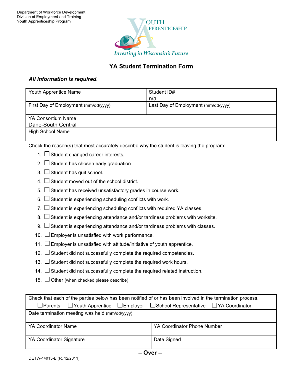 DETW-14915-E, Youth Apprenticeship Student Termination Form