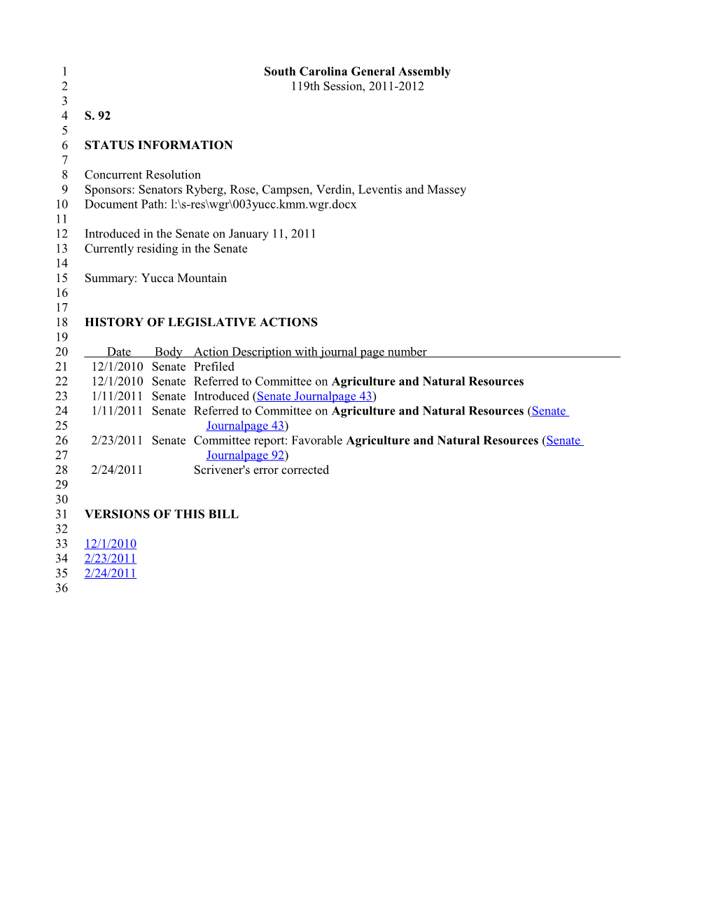 2011-2012 Bill 92: Yucca Mountain - South Carolina Legislature Online