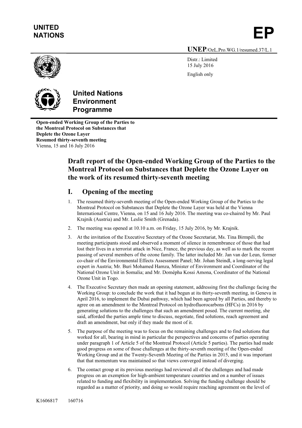 Draft Report of the Open-Ended Working Group of the Parties to the Montreal Protocol On