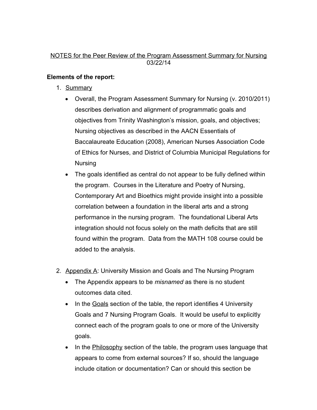 NOTES Re: Program Assessment Summary for Nursing