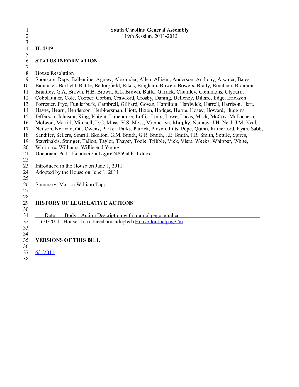 2011-2012 Bill 4319: Marion William Tapp - South Carolina Legislature Online