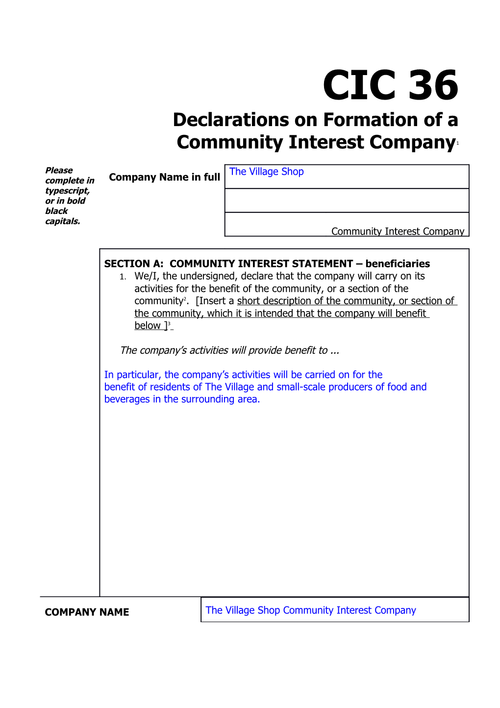 Declarations on Formation of a Community Interest Company 1